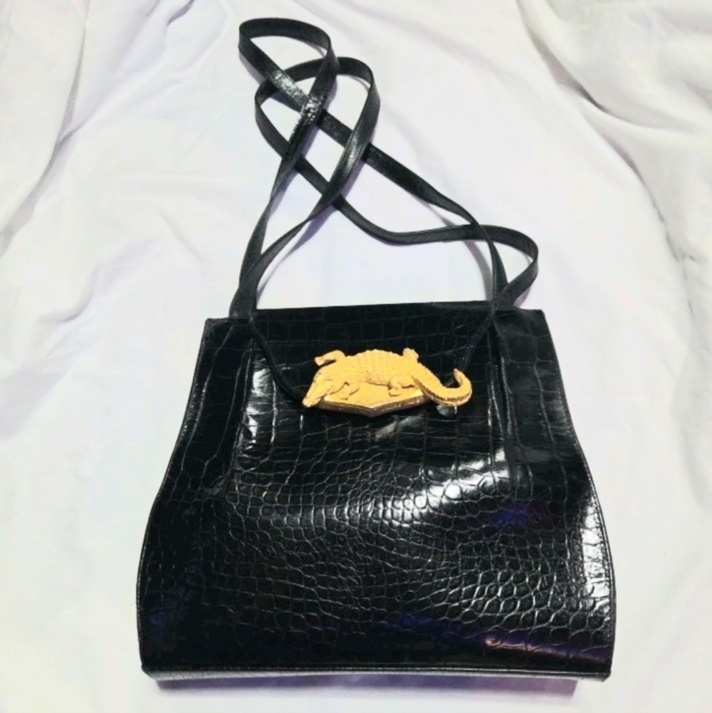 VALERIE ANN VINTAGE RARE Black Gold embossed CROCODILE BAG